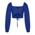 thumbnail image 5 of Pincandy Women's Long Sleeve Mesh Solid Color Drawstring V-Neck Cropped Top Blouse,Blue,S, 5 of 9