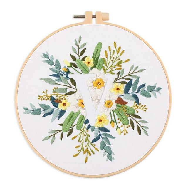 EastVita Embroidery Starter Kit for Beginners, Stamped Cross Stitch Kit with Floral Letter Pattern, DIY Embroidery Kit with Embroidery Cloth Hoops Instructions Needles Threads