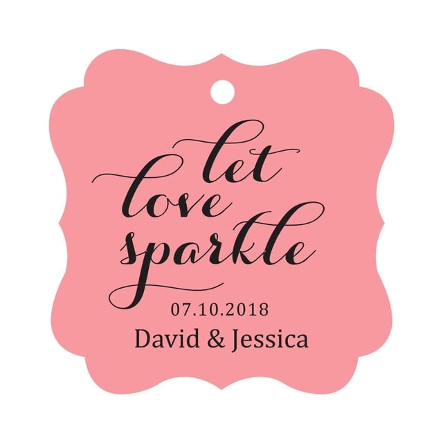 Darling Souvenir Custom Let Love Sparkle Wedding Hang Tags Personalized Fancy Frame Paper Tags -Peach & Pink-50 Tags