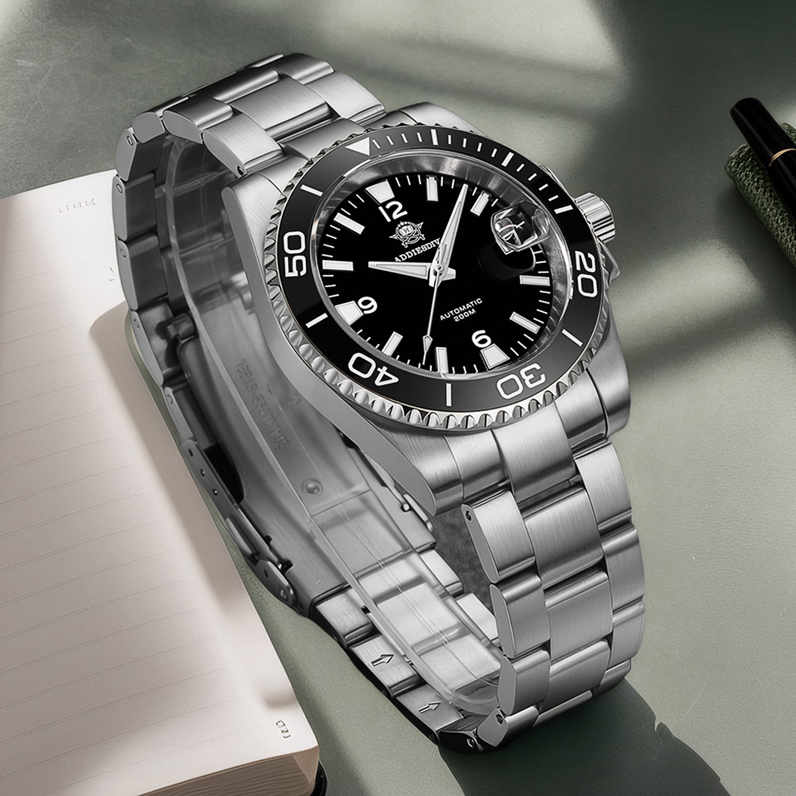 ADDIESDIVE Men's Automatic Diver Watch 200M Waterproof, Japanese Mechanical Movement, Sapphire Crystal & Ceramic Bezel, Super-LumiNova BGW9/C3, Stainless Steel Dive Watch