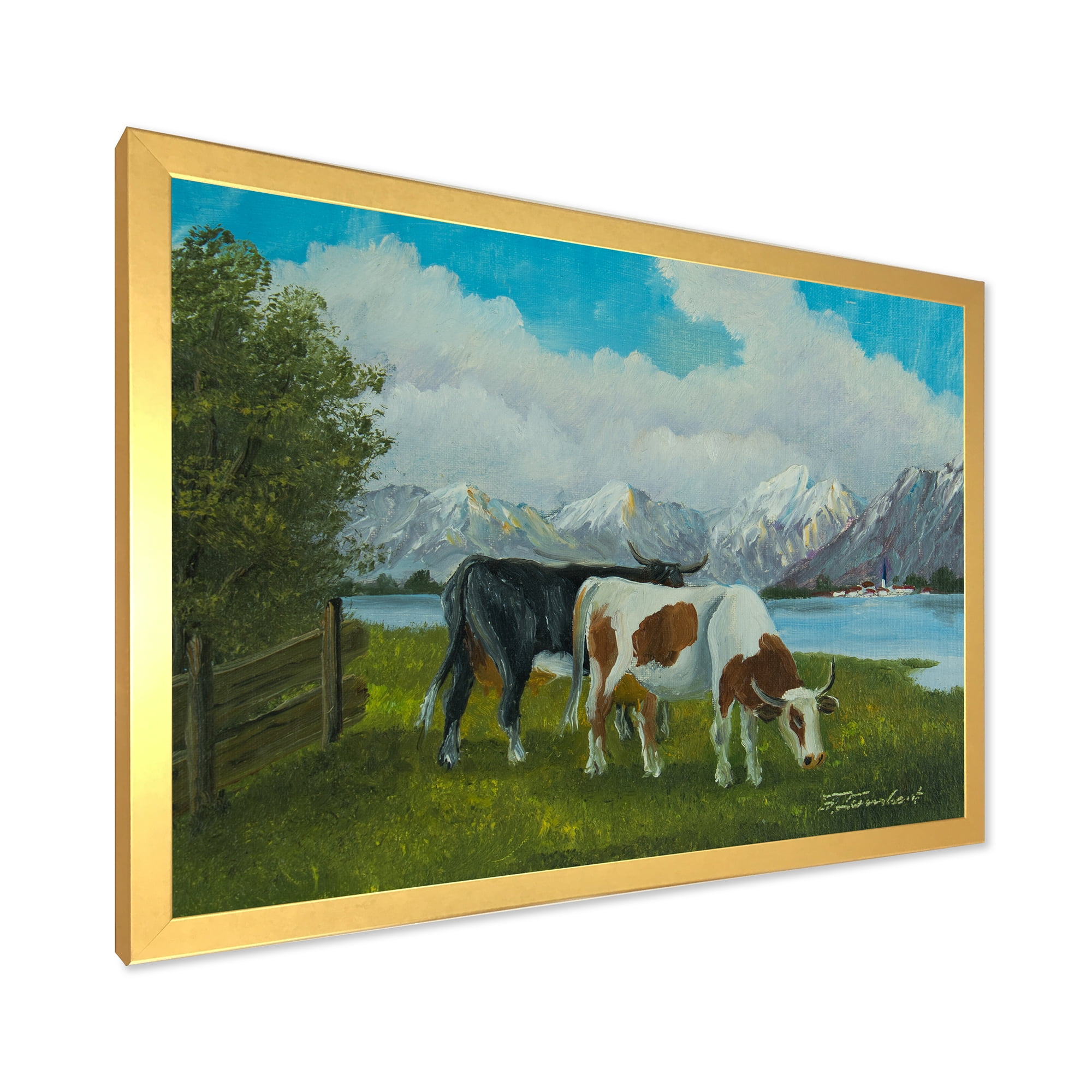 Designart 'Cows Eating Grass In Front Of A Lake' Farmhouse Framed Art Print