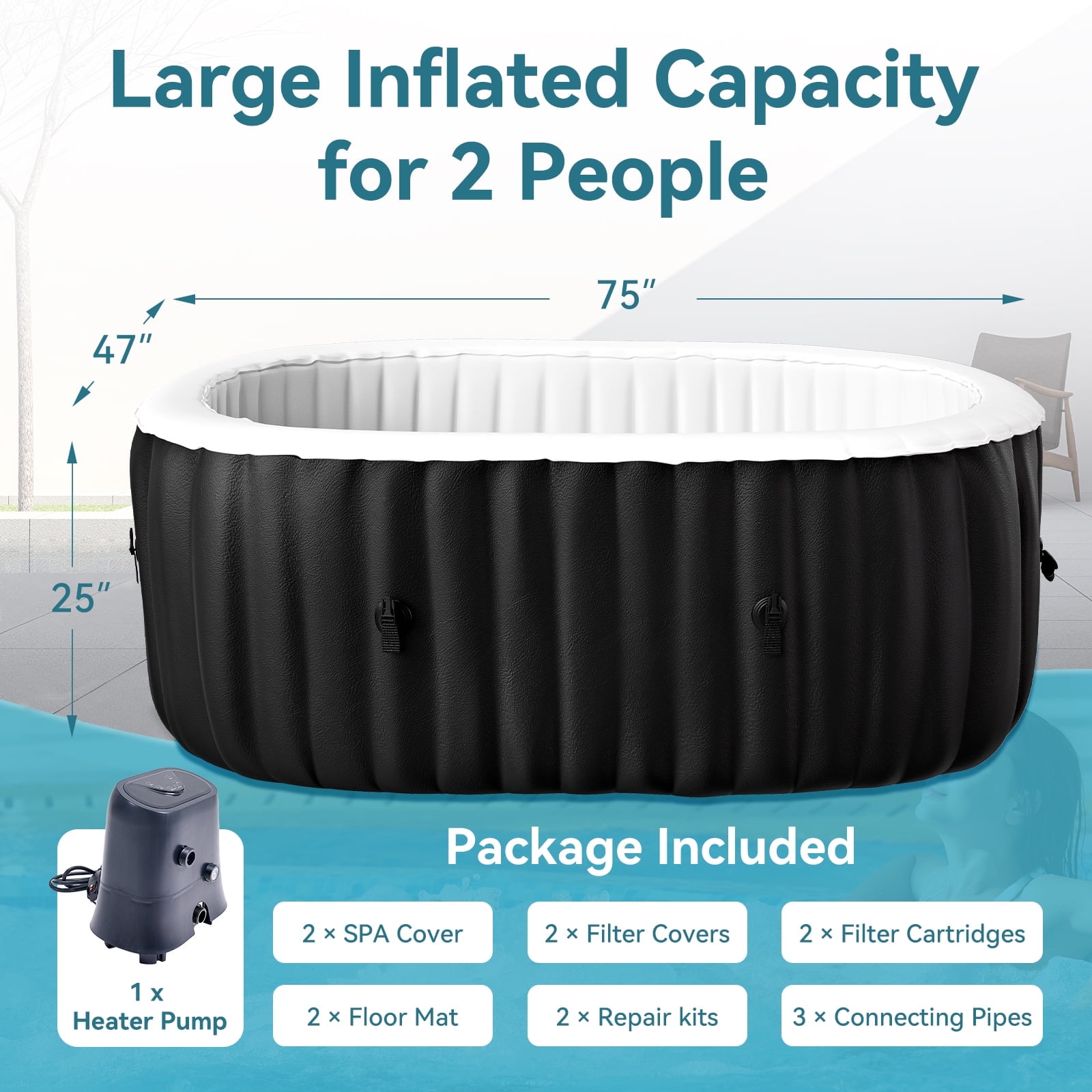 Outdoor Inflatable Hot Tub Spa for 2 Person Oval 145 Gallon Backyard Couple AirJet Hottub with 90 Bubble Jets - Control Panel, Includes Energy Efficient Cover and Filter and Side Table