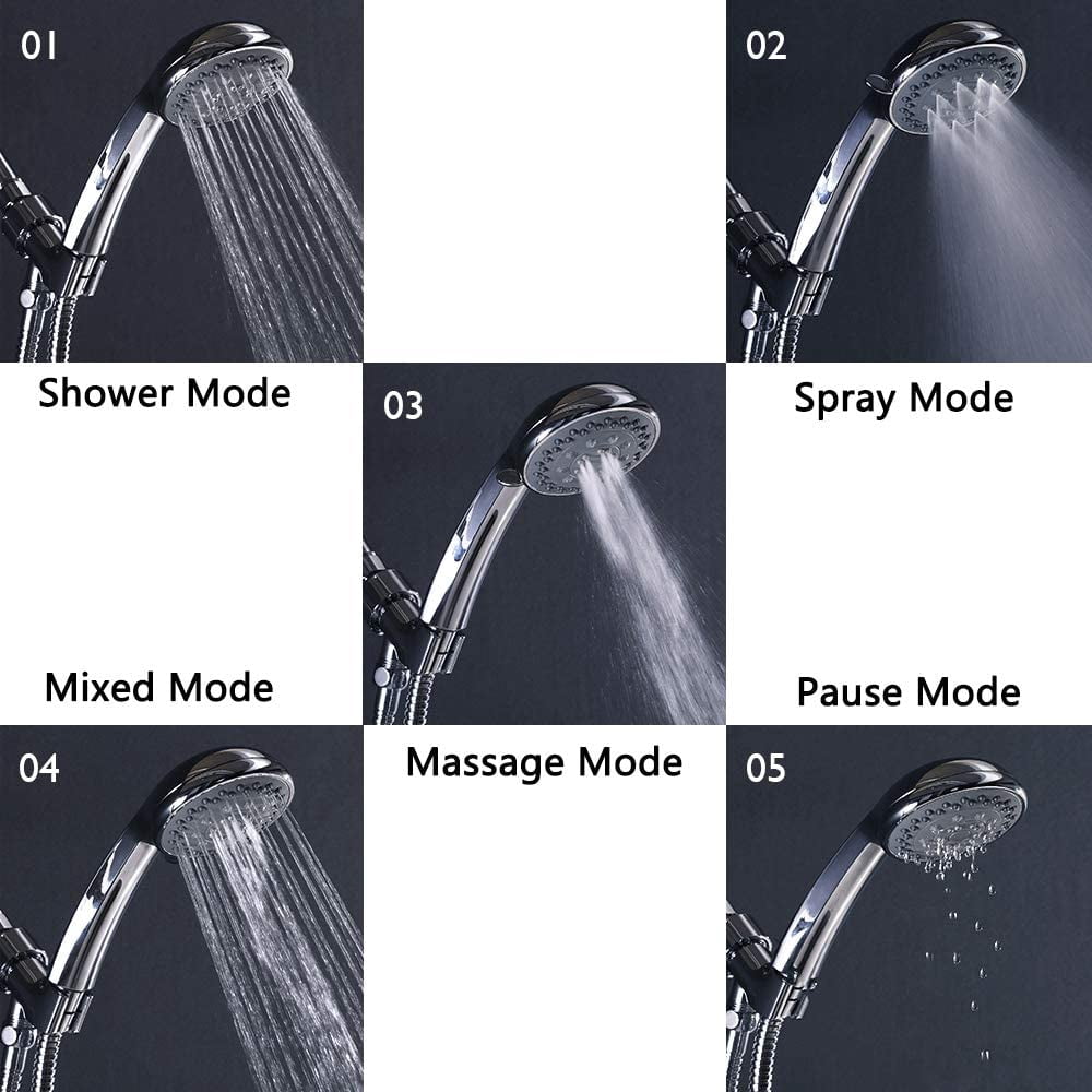 AQwzh High Pressure Shower Head with Pause Mode and Massage Spa, 5 Settings Handheld Sprayer with 61" Stainless Steel Hose, Easy to Install