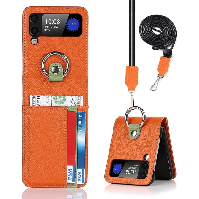 Ultra Slim Leather Wallet Case Compatible With Samsung Galaxy Z Flip 3 With Card Slots Lanyard