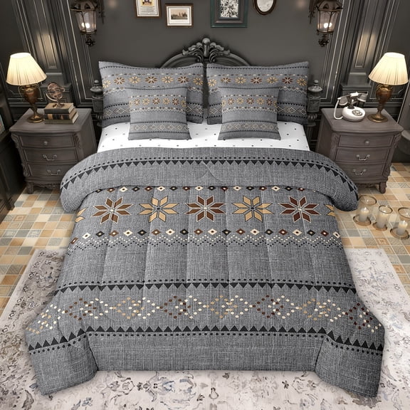 Feelyou Boho Aztec Triangle Twin Bedding Sets 7-Piece for Men, Grey Hippie Mandala Bedding Comforter Set, Vintage Countryside Reversible Sheet Sets, Luxury Bedroom Decor