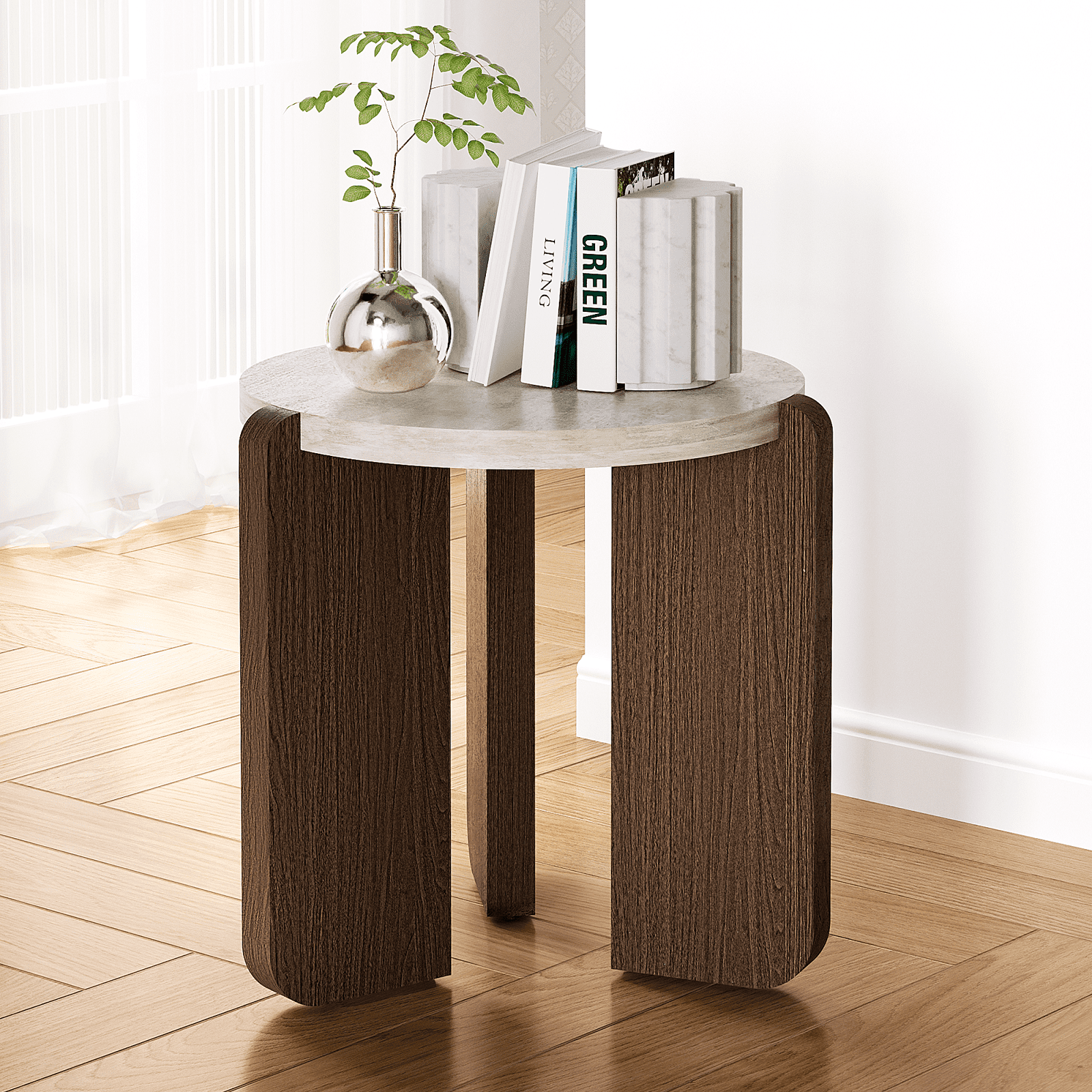 FOROUTIA Small Round Side Table with 3 Walnut Legs ,Morden Faux Marble Top Design