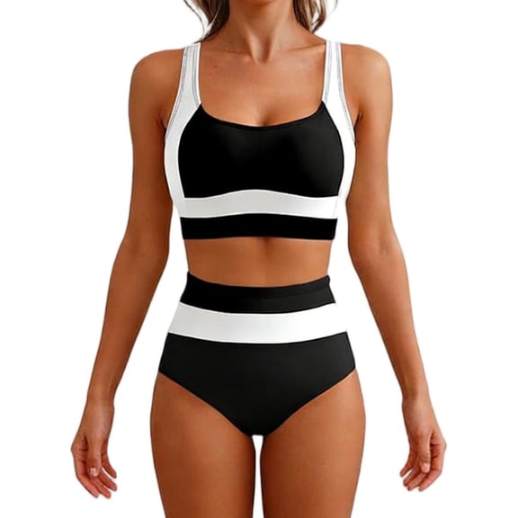 Stamzod Women's High Waisted Bikini Sets Sporty Two Piece Swimsuits Color Block Tummy Control Bathing Suits High Cut Swimwear Black XL