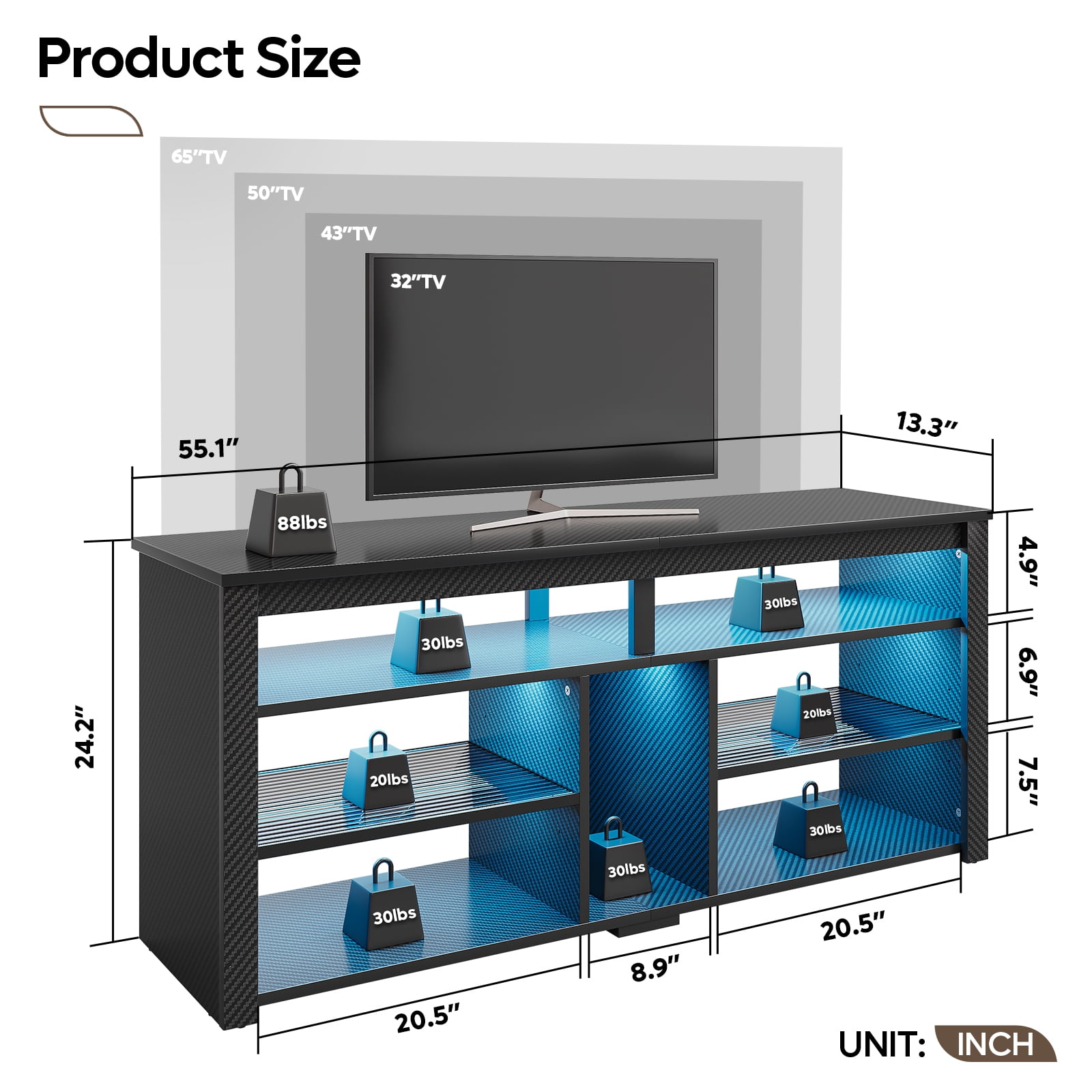 Bestier Tall TV Stand for 65" TVs,Entertainment Center with PS5 Storage,LED TV Stands for Living Room,TV console with Adjustable Storage Shelf,Carbon Fiber Black TV Stand