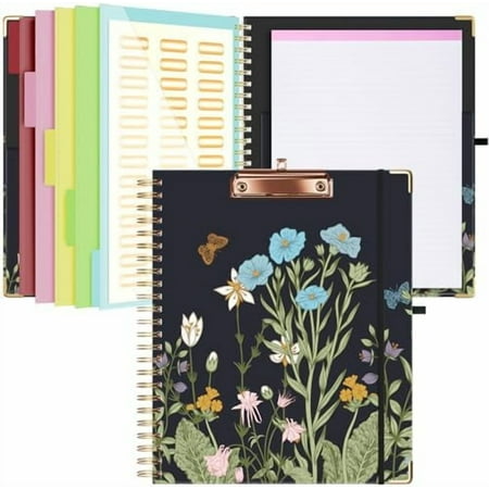Clipboard with Storage 8.5 X 11,Padfolio Organizer, Spiral Portfolio Letter Size with Notepad, Pen Holder, 5 Extra Folder Divider Pages, Elastic Closure Nurse Essentials (Night Flowers)
