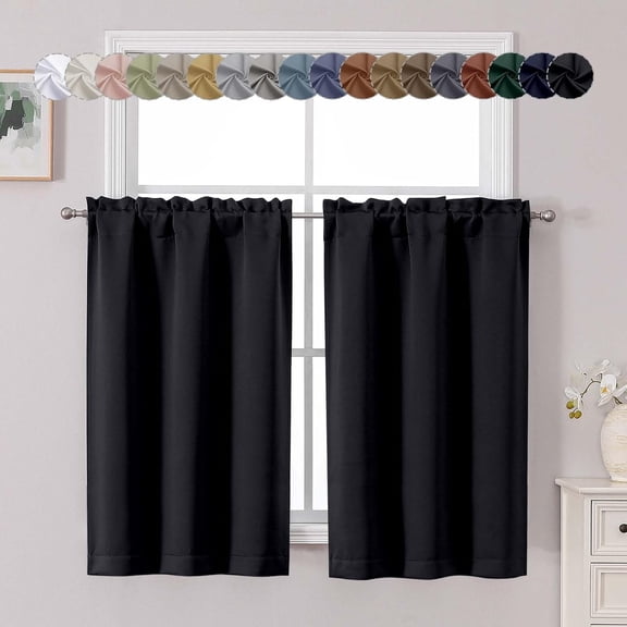 Short Black Out Curtains 36 Inch Length, Small Blackout Curtain Tier Rod Pocket Half Window Curtains for Kitchen Basement Cabinet Camper RV Bunk, 2 PCS, Each 30" Wx36 L, Black