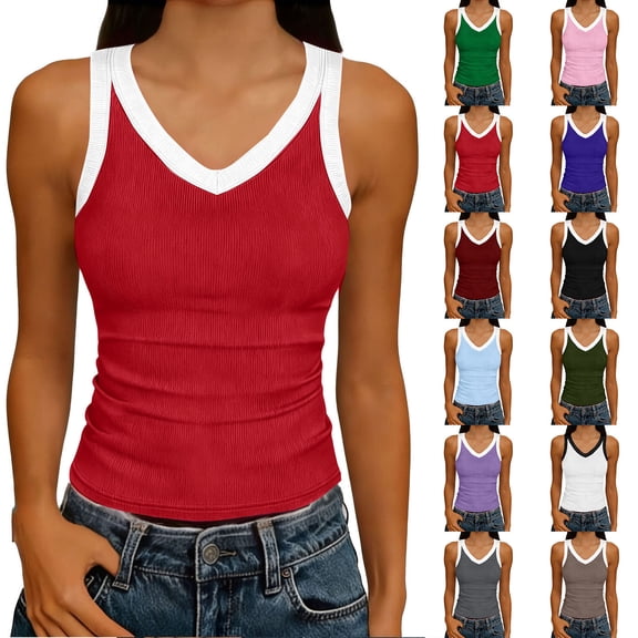 Titcea Racerback Tank Tops for Women, V Neck Ribbed Knitted Wide Strap Casual Sleeveless T Shirts, Stretchy Breathable Workout Yoga Tank Tops