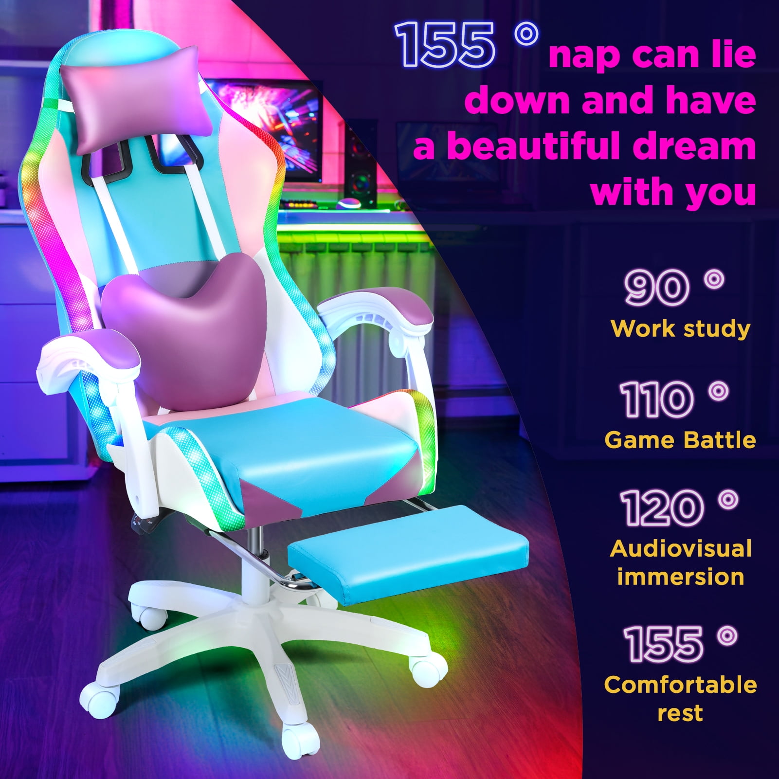 Frogued Computer Chair with Easy Rolling Wheels, Support Up To 300 Pounds, 90 Degrees To 155 Degrees Adjustable Racing Chair, Girls Game Chair, Gaming Chair for Adult