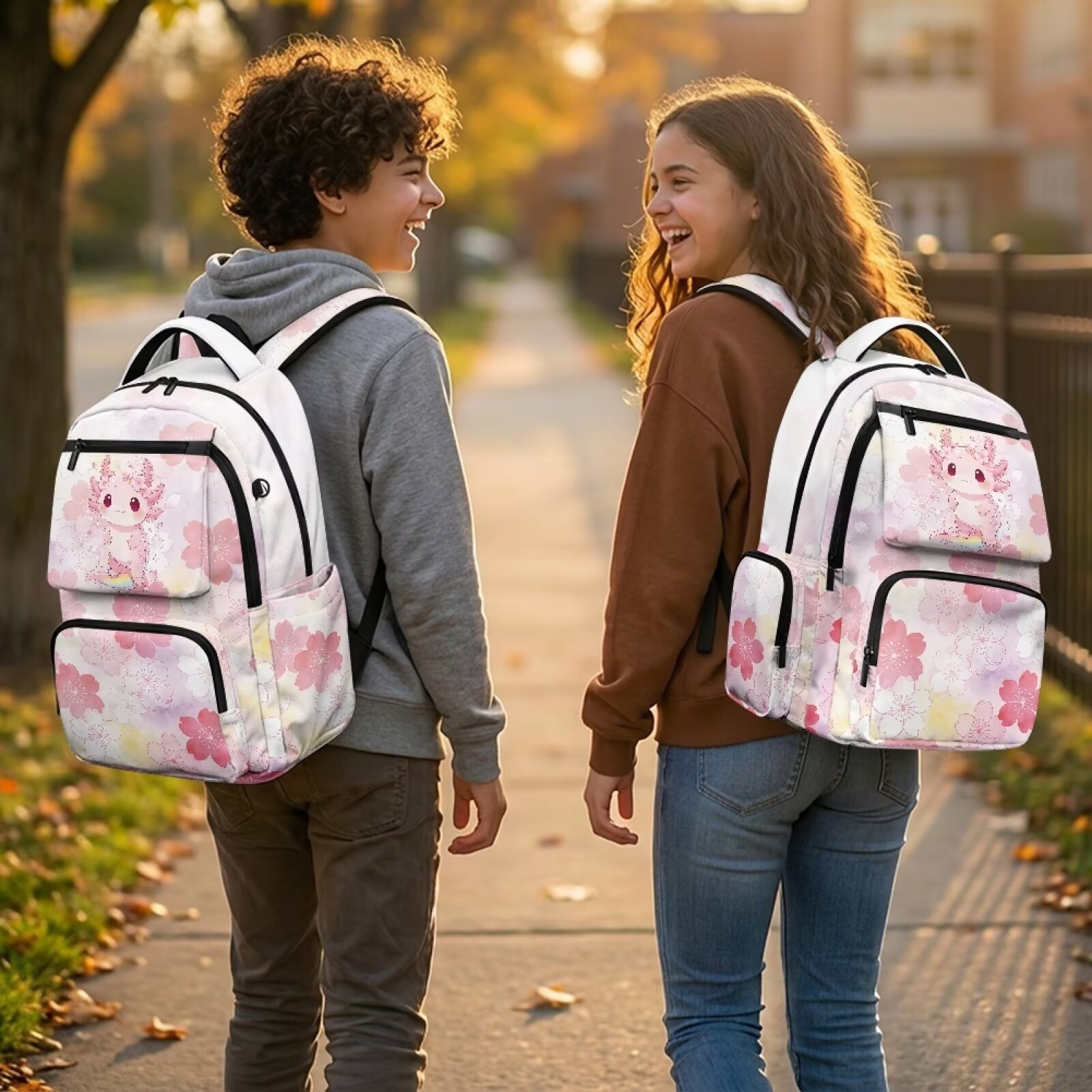 Mochila infantil Axolotl para niña, flor de cerezo linda, liviana, transpirable, duradera, impermeable, con múltiples bolsillos, para niños de 6 a 12 años, regreso a clases 2