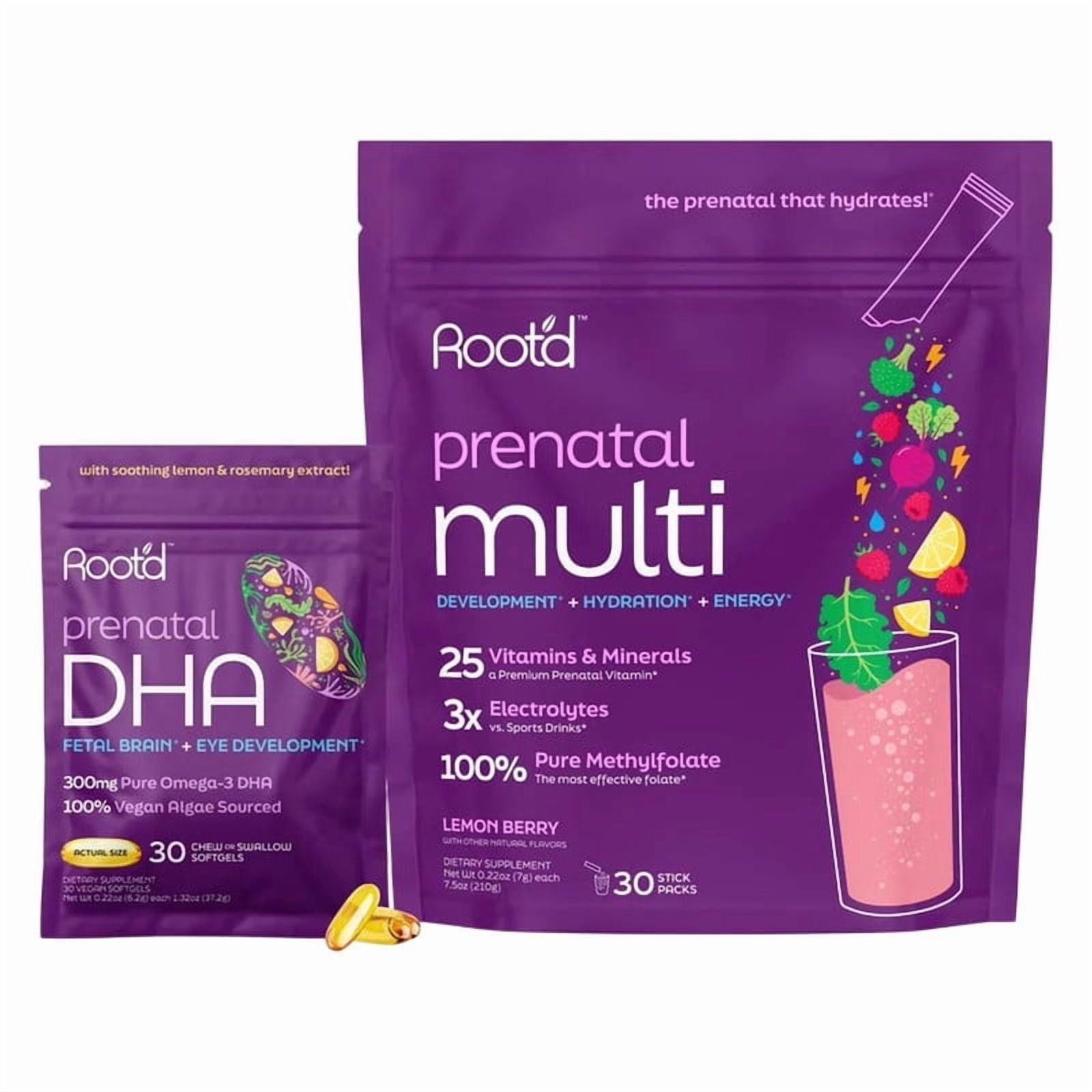 Root'd Prenatal DHA + Multivitamin Powder for Pregnancy Support, Fetal Development, Hydration & Immune Boost - Vegan, Non-GMO, Sugar Free - for Mom