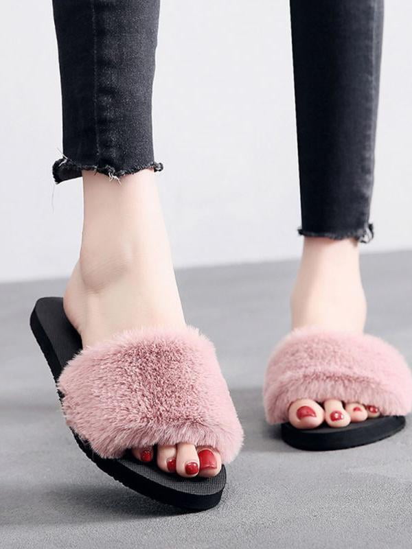 Faux Fur Slippers for Women,Fuzzy Slides Fluffy Sandals Open Toe Indoor ...