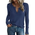 thumbnail image 1 of Camiseta PRETTYGARDEN Cuello en V Manga Larga Tela Waffle Azul Marino M, 1 of 5