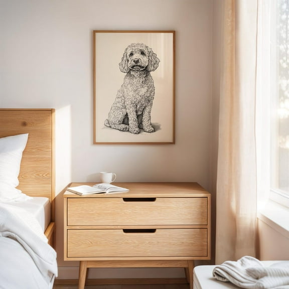 Curly Doodle Dog Line Drawing – Black And White Pet Portrait Art Print For Dog Lovers, Minimalist Wall Decor Or Gift Wall Art, Modern Wall Decor, 8x12 UNFRAMED