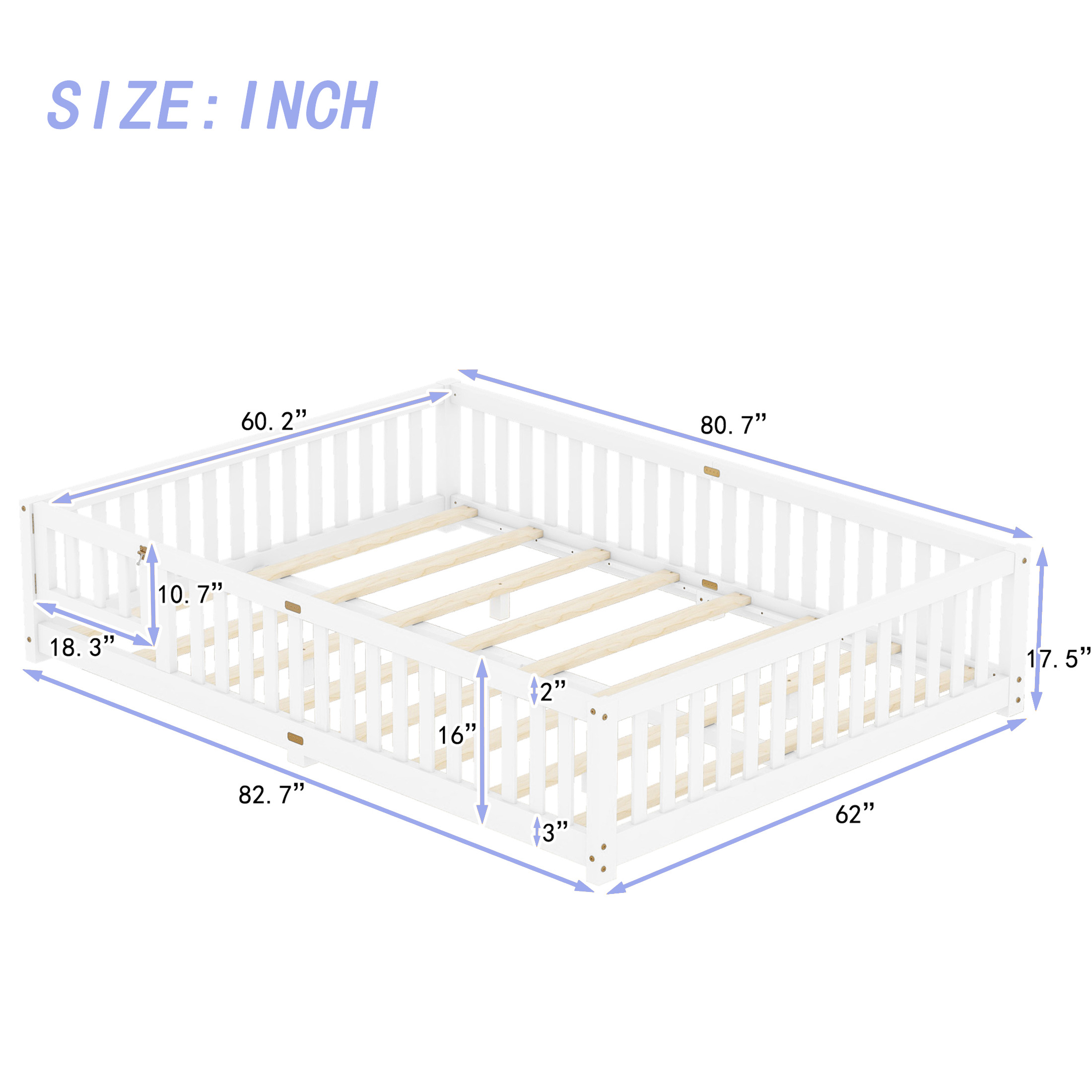 Aukfa Queen Size Floor Bed for Kids, Girls, Boys, Wood Montessori Bed Frame with Safety Guardrails and Door, White