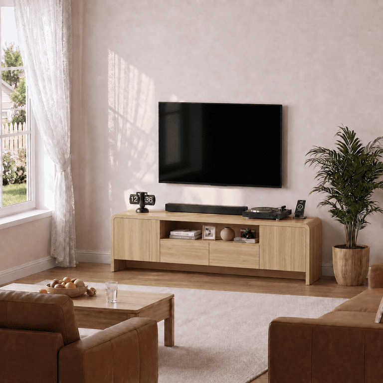 Lacoo 70 Inch TV Stand for 55-75 Inch TVs, Entertainment Center with 2 Drawers and Storage Cabinets, Media Console for Living Room , Natural