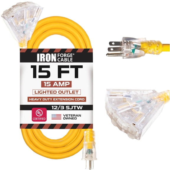 IRON FORGE CABLE 15 Foot Lighted Outdoor Extension Cord with 3 Electrical Power Outlets - 12/3 SJTW Heavy Duty Yellow Extension Cable with 3 Prong Grounded Plug for Safety