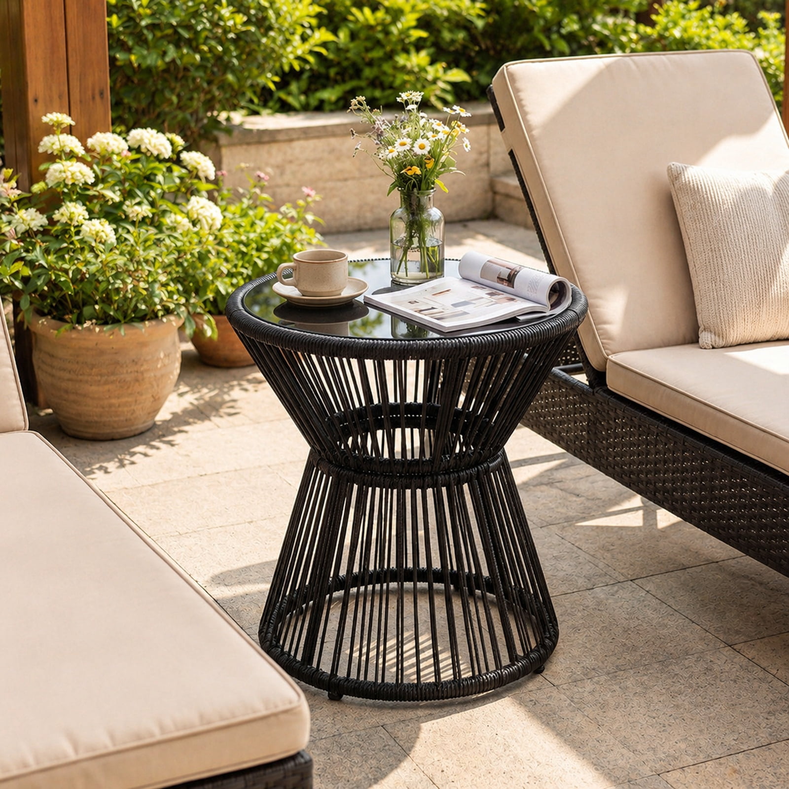 Biotree Outdoor Side Table with LED Warm Light, PE Rattan End Table with Tempered Glass Top and Battery Lamp for Patio Porch Balcony, Black