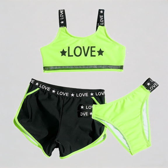 REDARER Girls 3-Piece Swimwear Set – "LOVE" Print Top, Bottom & Sports Shorts, Stylish Letter Design for Beach Pool Summer Swim,6-7 Years