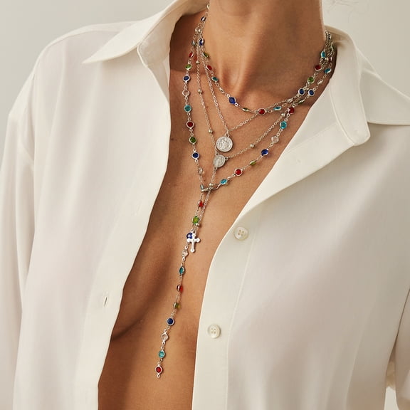 Birthday Gift 4Pc Crystal Colorful Bead Choker Necklace,Summer Beach Multi Crystal Chest Chain Jewelry Rhinestone Cross Pendant Long Tassel Clavicle Chain For Women Chain Necklaces for Men Women Clas