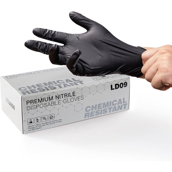 shiyou-LANON 6 mil Black Nitrile Disposable Gloves, EN ISO 374 Chemical Resistant, Heavy-Duty, Mechanic, Textured Fingertips, Latex-Free, Large