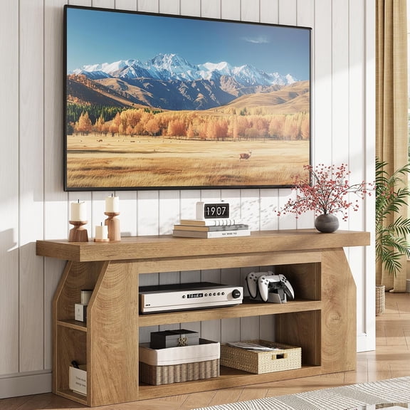 Vividwood Wood TV Stand for 55 Inch TV, Modern Entertainment Center with Adjustable Shelves, Brown