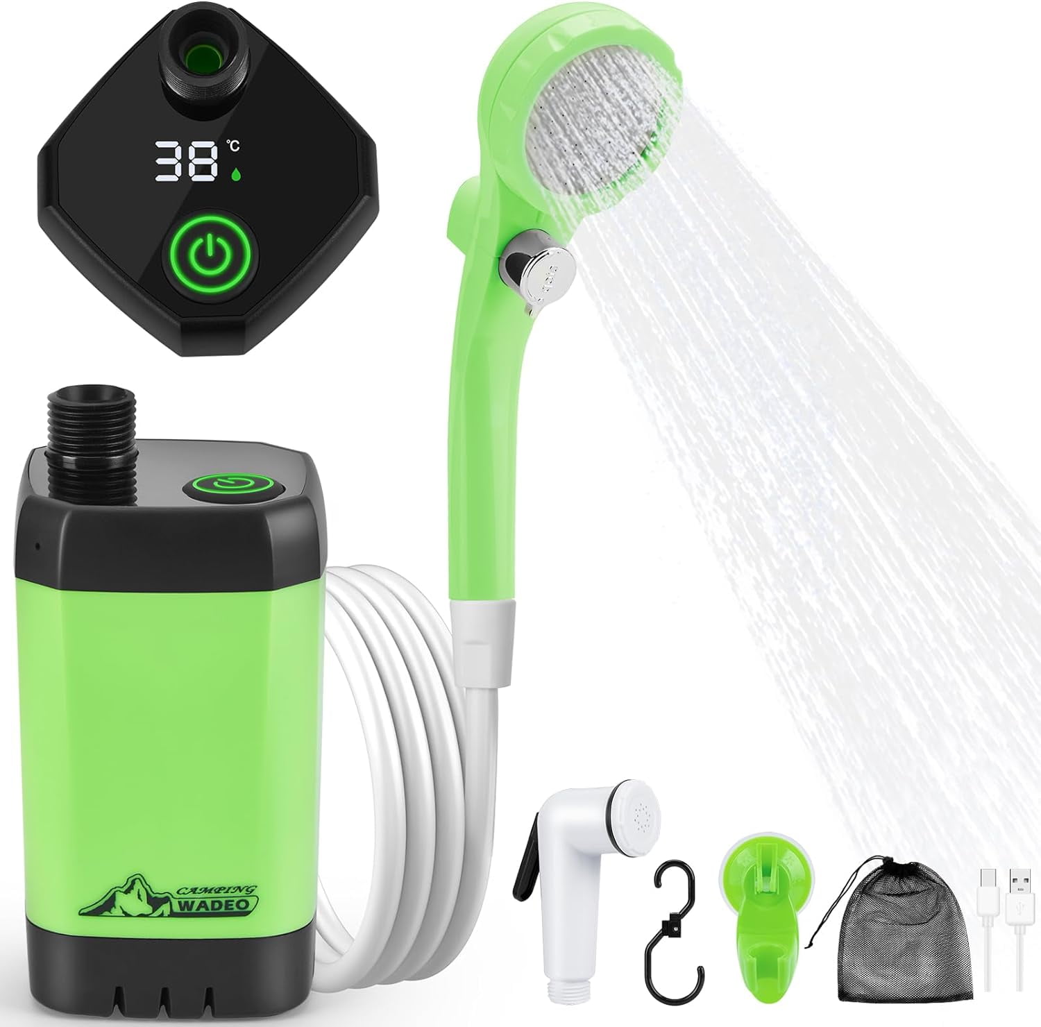 WADEO Portable Shower for Camping, Outdoor Electric Shower Rechargeable Pump with Intelligent Digital Display, Camping Shower Head Nozzle for Camping, Hiking, Traveling, Washing