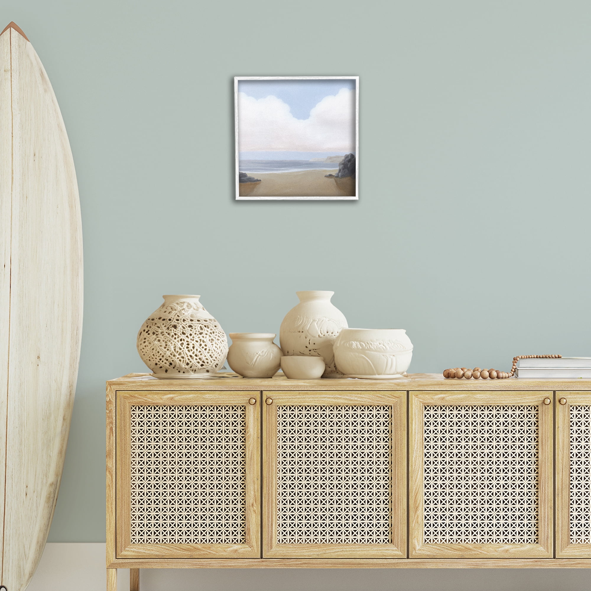 Stupell Industries Soft Clouds Over Beach Landscape Painting White Framed Art Print Wall Art, 17 x 17