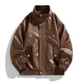 thumbnail image 2 of RQYYD Mens Faux Leather Jacket Trendy Vintage Oversized Lapel Jackets Unisex Casual Zip-Up Motorcycle Coats with Pockets, 2 of 5