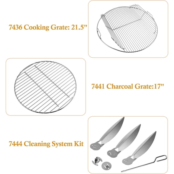 Grill Grates for  22'' 22.5" Charcoal Grill, Cooking Grate Charcoal Grate for  7436 7441 Kettle, Bar-B-Kettle, Master-Touch Grill, One-Touch Cleaning System Kit for We ber 7444