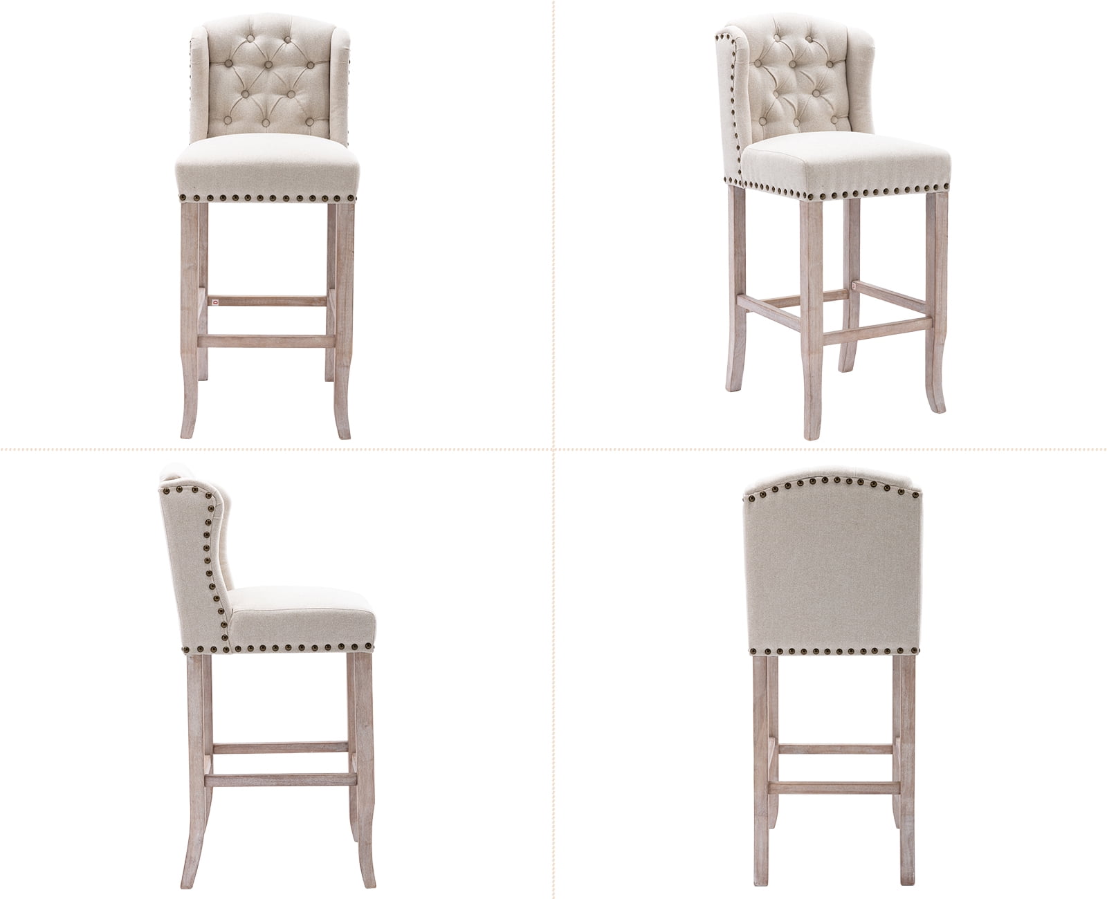 Guyou Tufted Bar Stool, Nailhead Trim, Upholstered, 30'' Height, Beige (Set of 2)