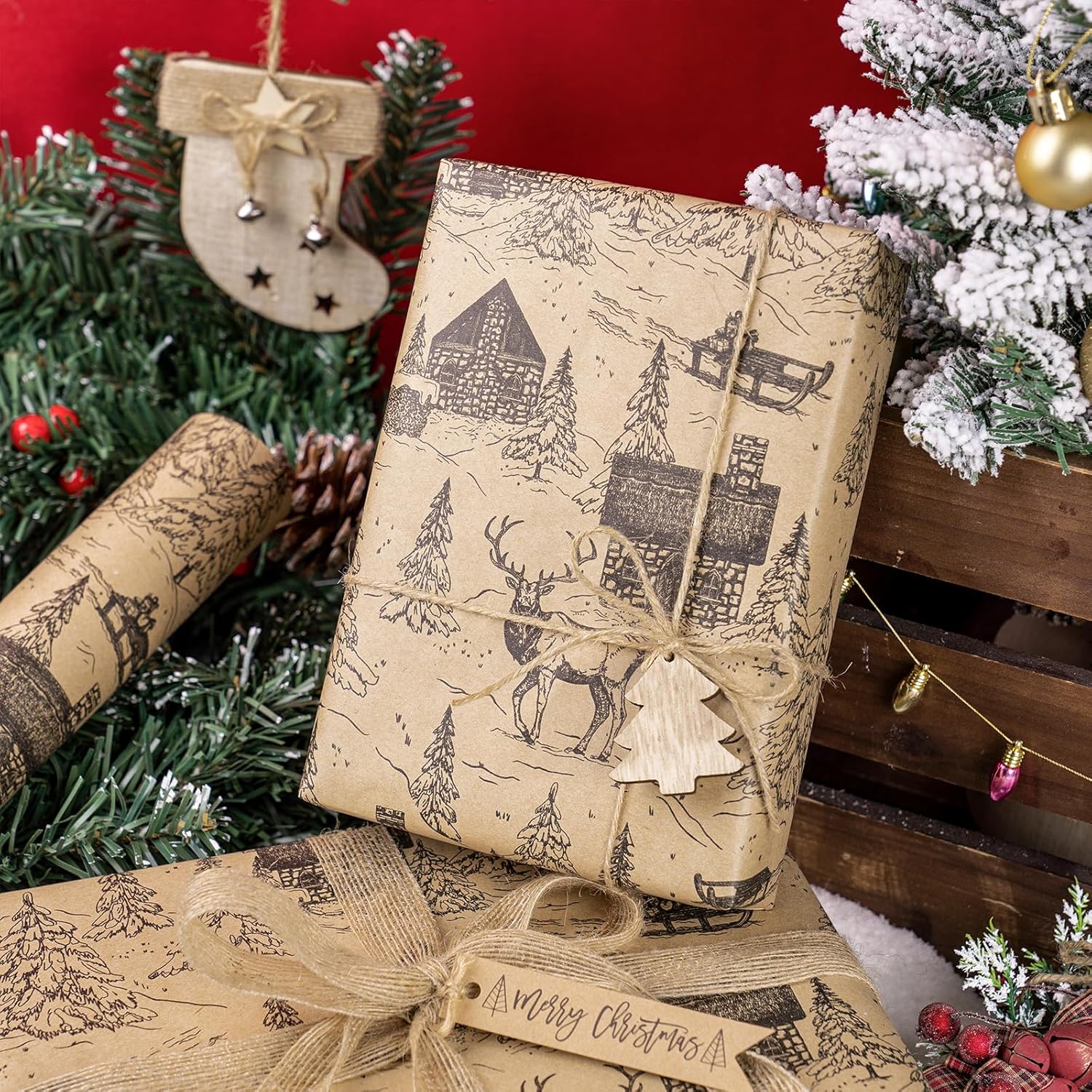 Kraft Christmas Wrapping Paper Roll, Mini Roll, Vintage Black Winter Cabin and Forest Scene Design, Rustic Holiday Gift Wrap for Women, Men, Xmas Gifts, Winter Party, 17 Inches x 16.4 Feet