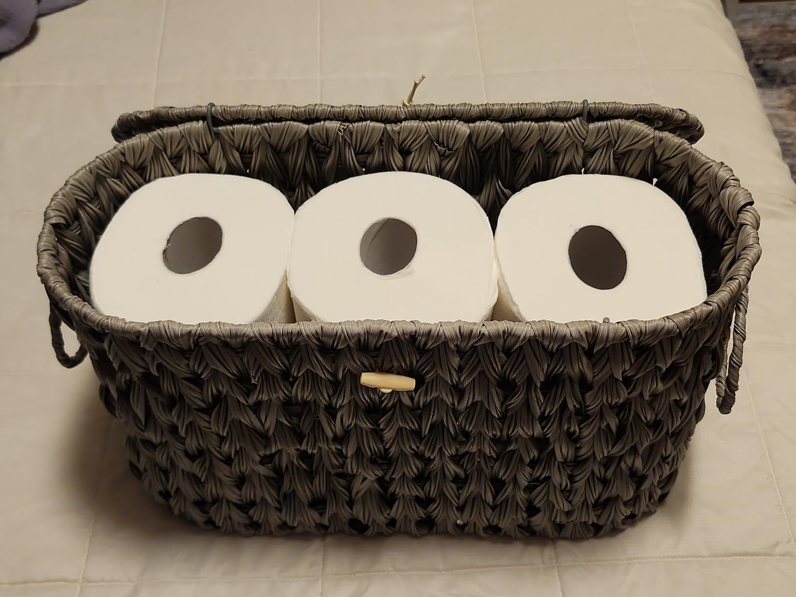 Toilet Paper Storage Basket With Lid Wicker Holder Stand Narrow Decorative Woven Bathroom Organizer Free Standing Grey