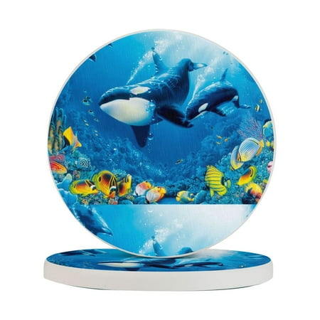 

Circular Drink Coasters Set Orcas Ocean Sea Animals Beautiful Home Decor Diatomite Heat-Resistant Diatomite Protect Table Countertop