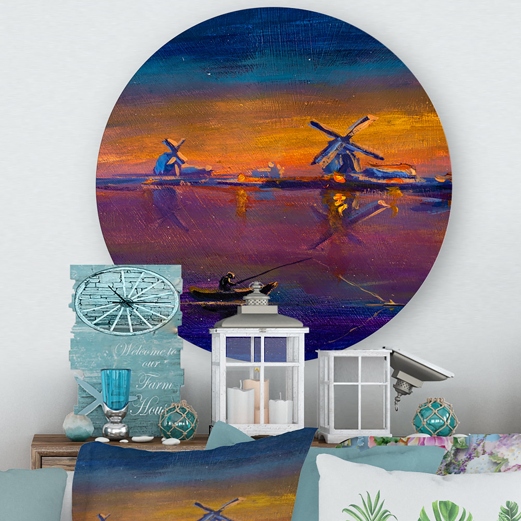 Designart 'Evening Fishing Near The Traditional Windmill' Nautical & Coastal Circle Metal Wall Art 23x23 - Disc of 23