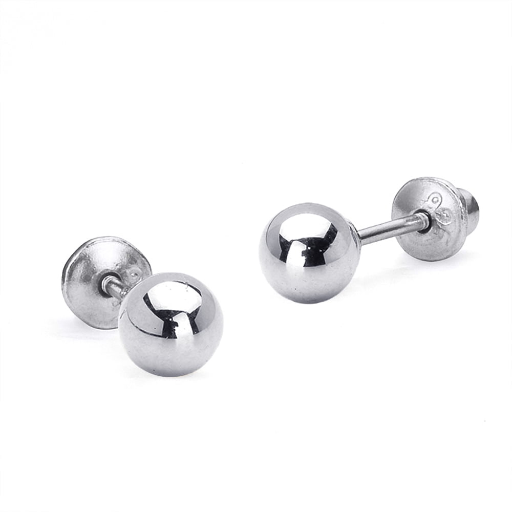 Sterling Silver Rhodium Plated 4mm Plain Hollow Silver Ball Screwback Baby Girls Earrings