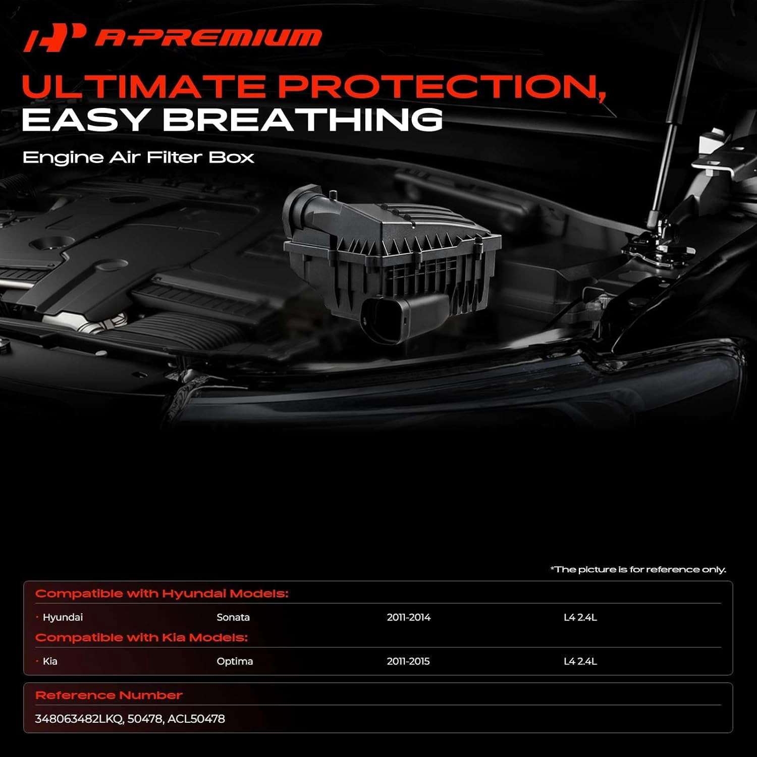 A-Premium Engine Air Filter Cleaner Box Housing Without Air Strainer Compatible with Hyundai Sonata 2011-2014 & Kia Optima 2011-2015, 2.4L, Replace# 348063482LKQ