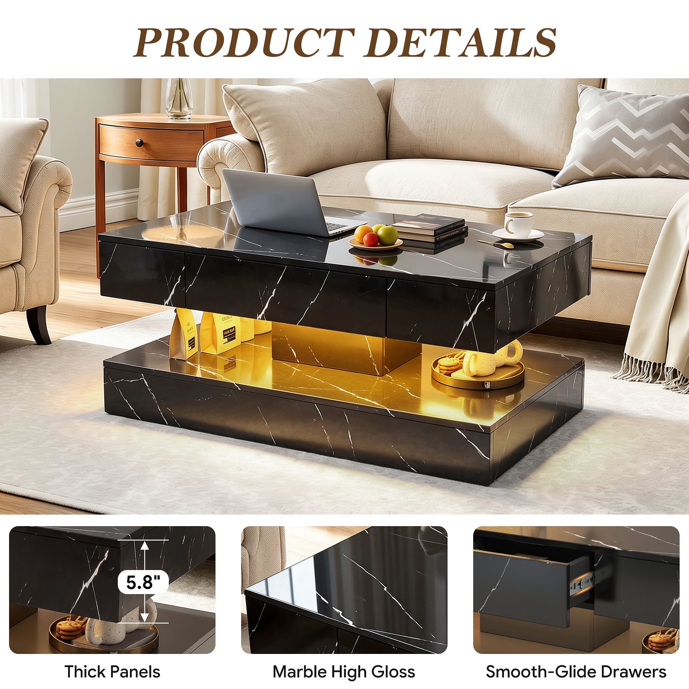 UHOMEPRO Black LED Coffee Table, Modern High Gloss Bangladesh | Ubuy