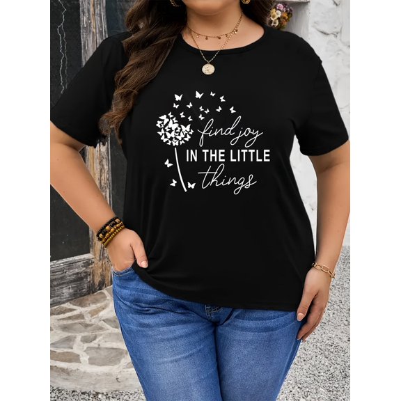 Women's Casual Short Sleeve Graphic Tee Plus Size Find Joy In The Little Things Butterfly Dandelion Print Round Neck Summer Fashion Top