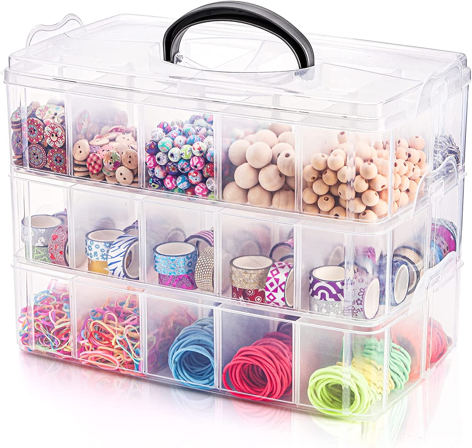 Craft Storage Organizer,Casewin Sewing Box,3-Tier Plastic Organizer Box  with Dividers, Storage Containers for Organizing Art Supplies, Fuse  Beads,Washi Tape, Jewelry,Tool,Kids Toy,Pink 
