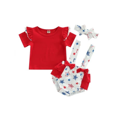 

Newborn Infant Baby Girl Independence Day Outfit Fly Sleeve Top Suspender Ruffled Bloomer Shorts Headband Set