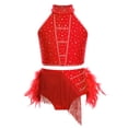 thumbnail image 3 of TiaoBug Kids Girls Dance Outfit 2-Piece Rhinestones Crop Top and Feather Tassel Skirt Latin Jazz Dancewear Red 12, 3 of 6