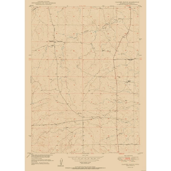 Topographical Map - Clausen Ranch Wyoming Quad - USGS 1950 - 23 x 32.37 - Vintage Wall Art