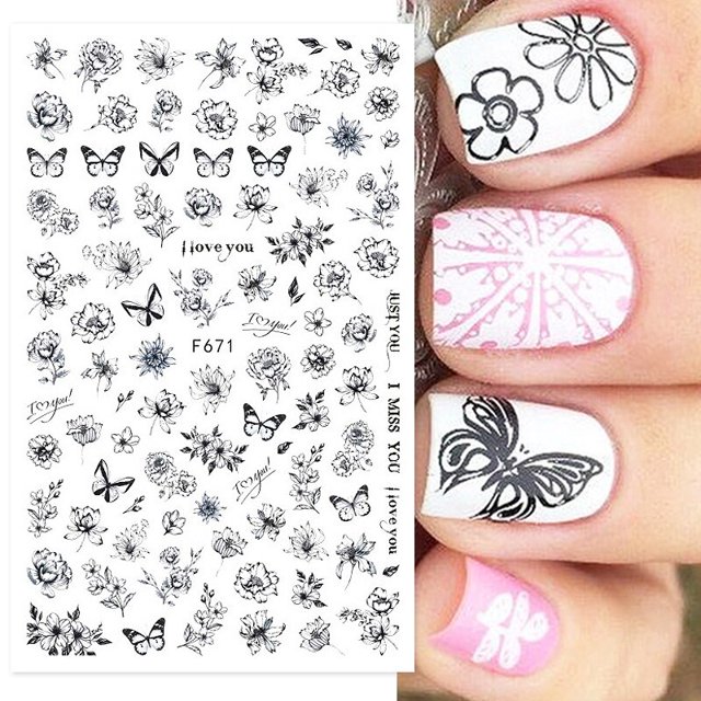 Harunouta-adhesivo 3D para uñas, calcomanías florales doradas de lavanda, línea geométrica, flor de lámina plateada, deslizadores de manicura
