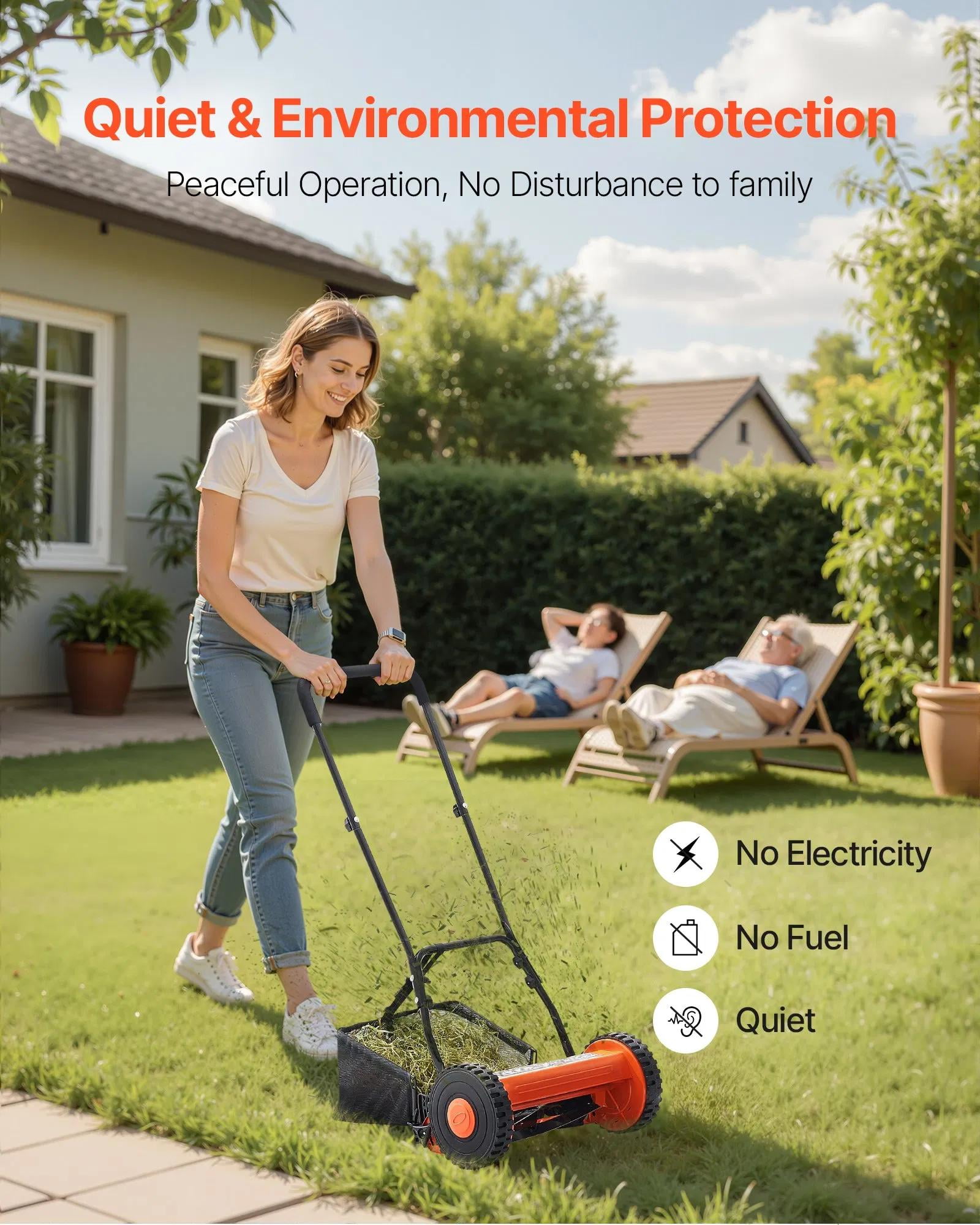 16" Manual Push Reel Lawn Mower 5-Blade Adjustable Height Grass Catcher 2 Wheels