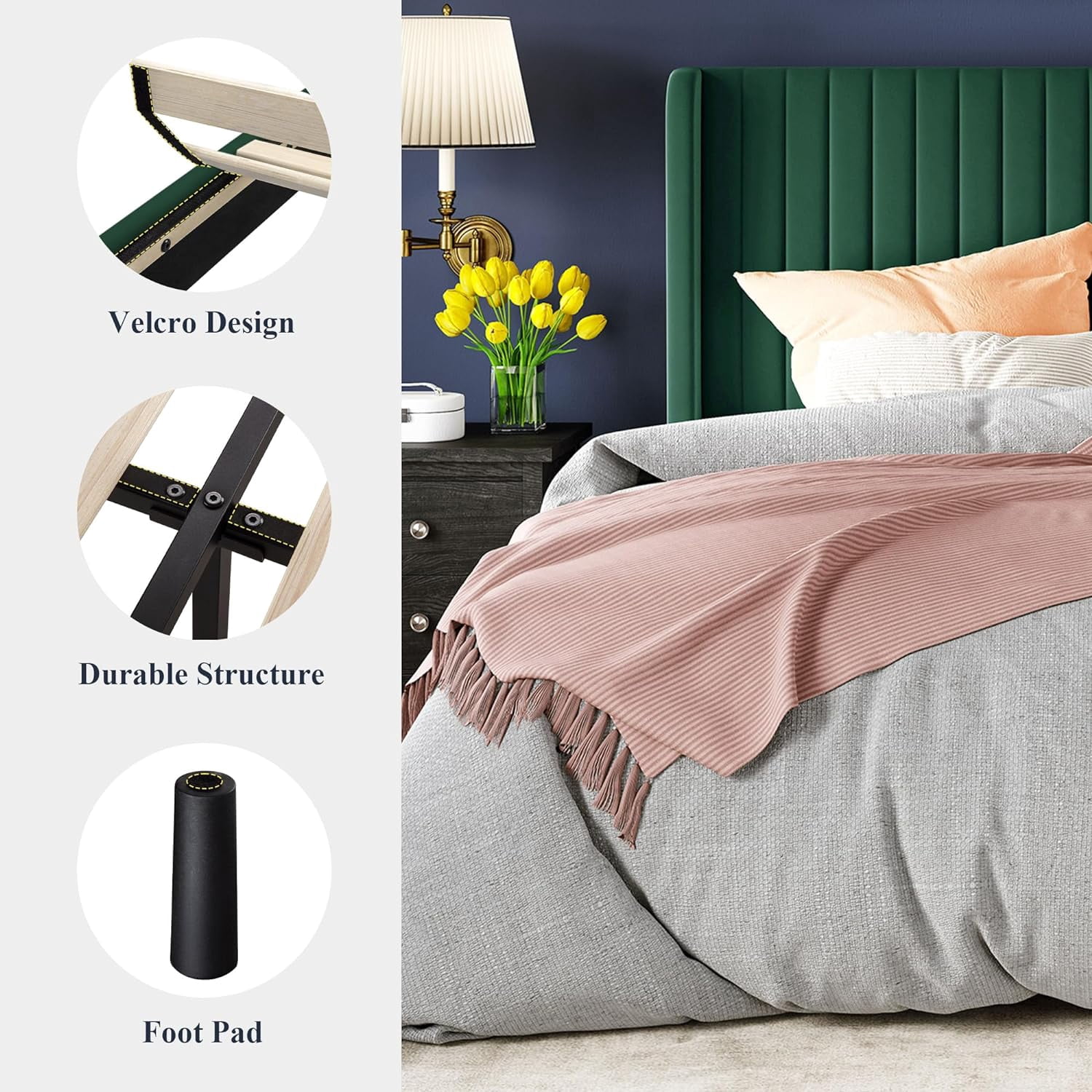 Allewie King Size Bed Frame/Velvet Upholstered Platform Bed/Vertical Channel Tufted Wingback Headboard/Strong Wooden Slats/No Box Spring Needed/Easy Assembly/Green