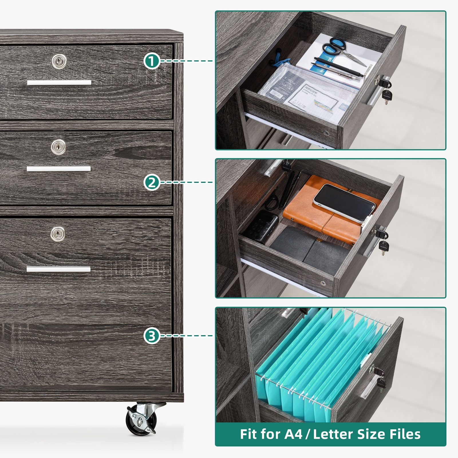 DASROOM 3 Drawer Mobile File Cabinet Wood Filing Cabinet Fits A4 or Letter Size with Wheels for Office and Home Use Grey & Oak 